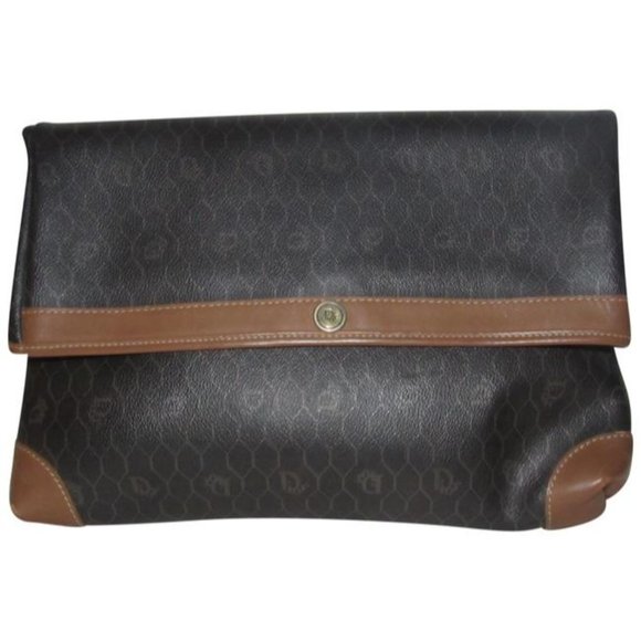 Dior Vintage Shades Of Taupe Grey Honeycomb Print Coated Canvas Clutch - Picture 1 of 12